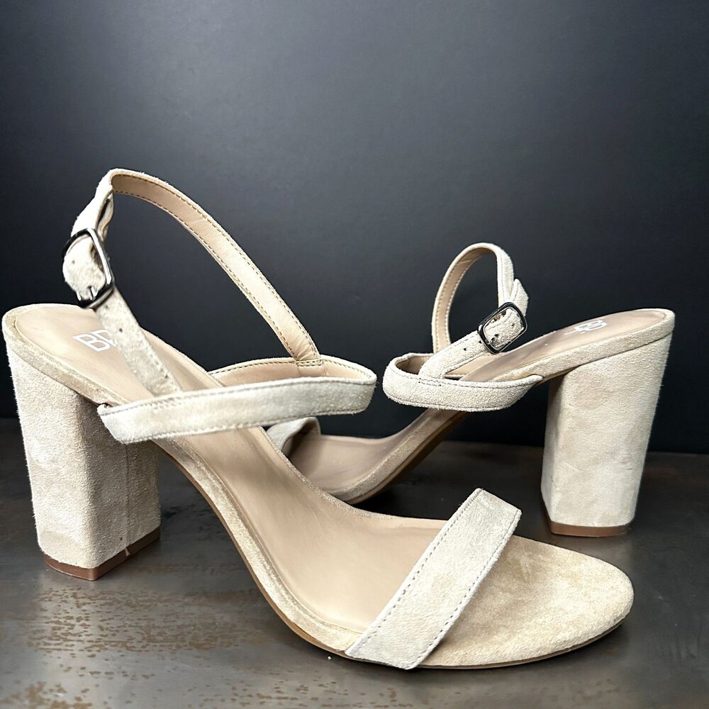 BP Block Heel Sandals 10 Suede Ankle Strap Dressy Formal Wedding Beige Tan Lula